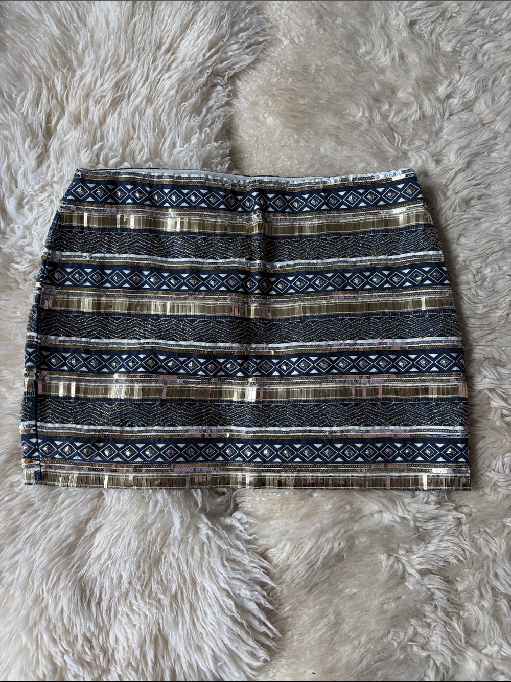 TWIK Navy and Gold Patterned Mini Skirt Size Large